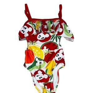 Disney Store Girls' Fruit Print Ruffle Swimsuit Size 3 Red/White/Green